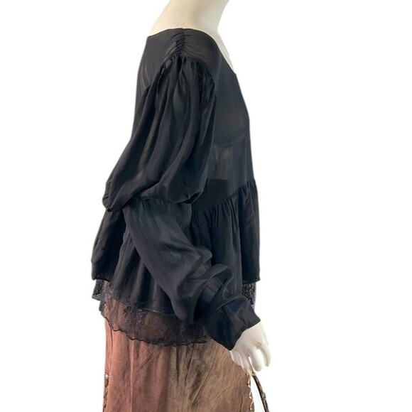 Marrika Nakk Black Sheer Chiffon & Lace Peasant Blouse Puff Sleeve Ruffled Hem M - Picture 5 of 8